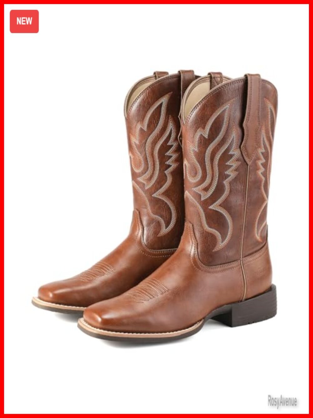 Western Cowboy Boots Square Toe Mid Calf Pull On Vegan Leather Chunky Heel
